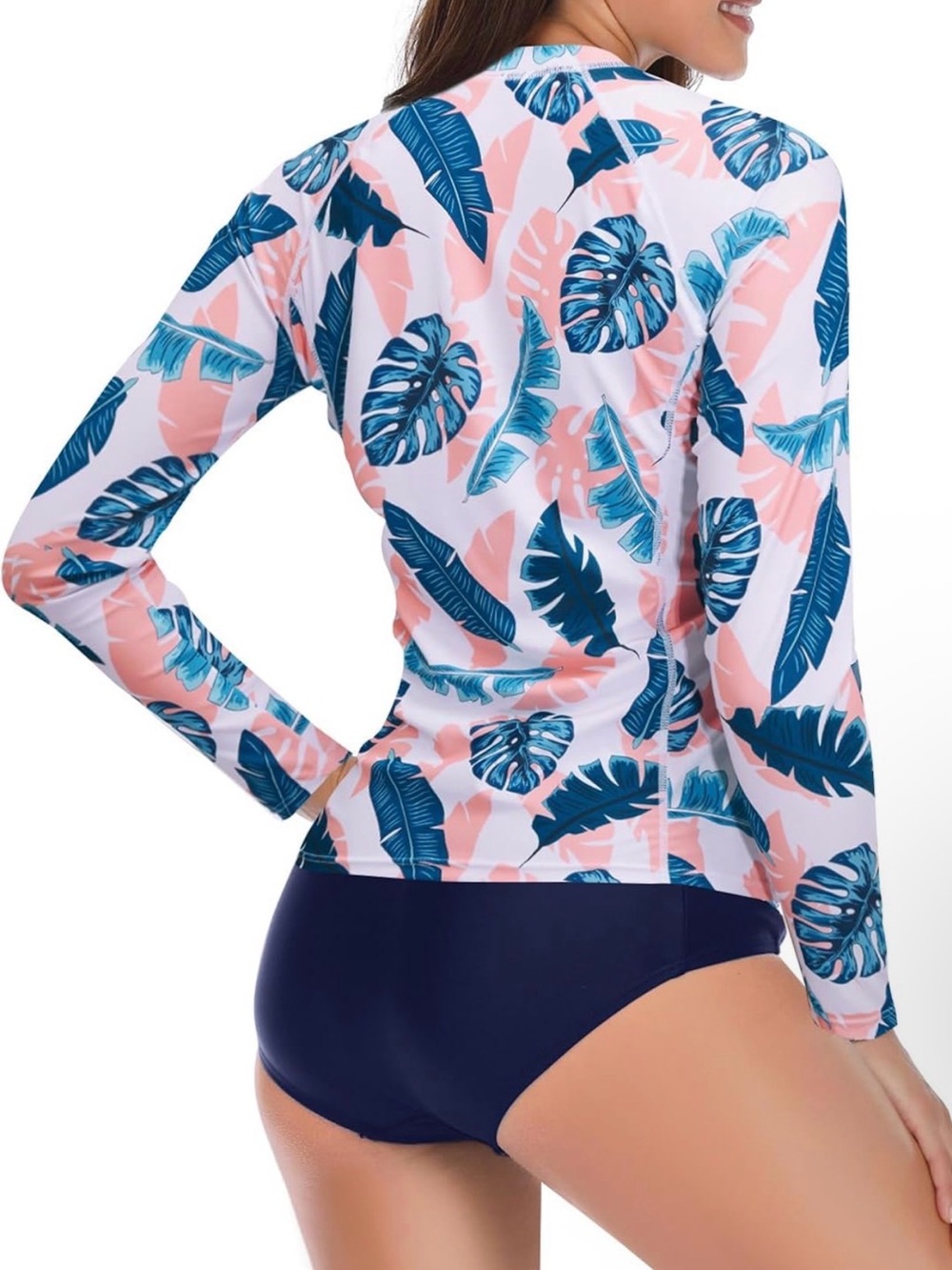 Long-Sleeve Pink Tropical Leaf Rash Guard Swim Suit with Navy Bottoms - Size M - Picture 2 of 6
